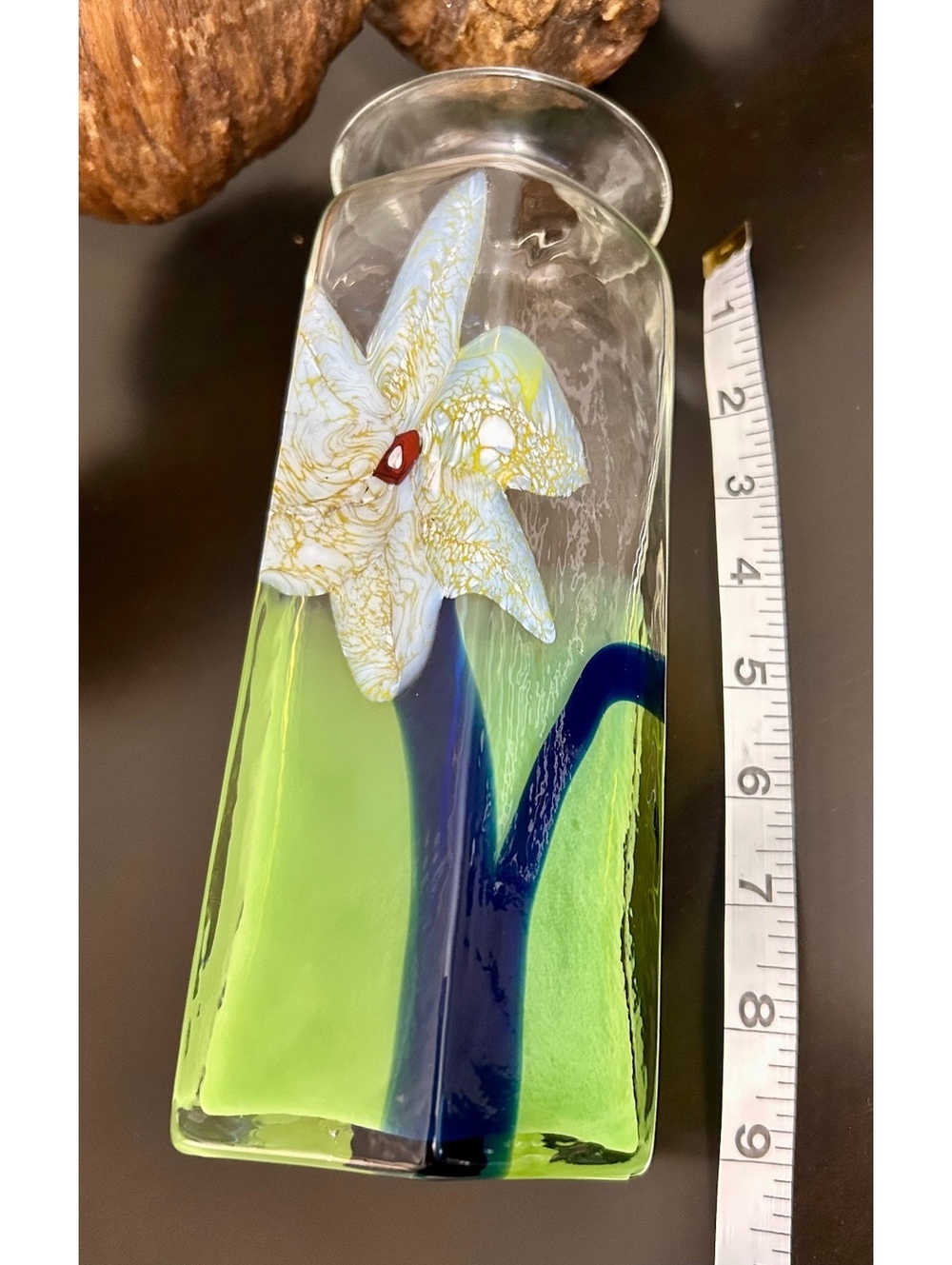 Vintage Style Hand Blown Art Glass Vas Green Blue White Flower 9” - Picture 6 of 11